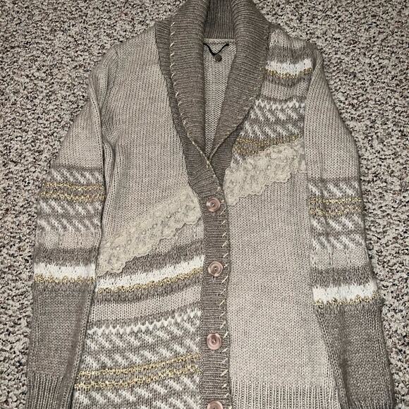 BKE Boutique Wool Blend Tan Cream Metallic Gold Lace Button Cardigan Sweater‎ - Picture 3 of 4